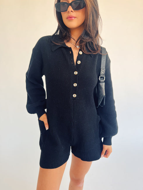 Picnic Date Knit Romper// Black